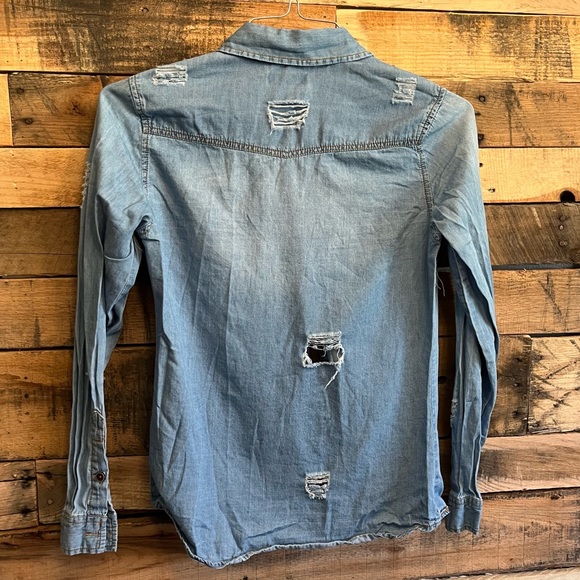 distressed denim button down - Picture 2 of 3
